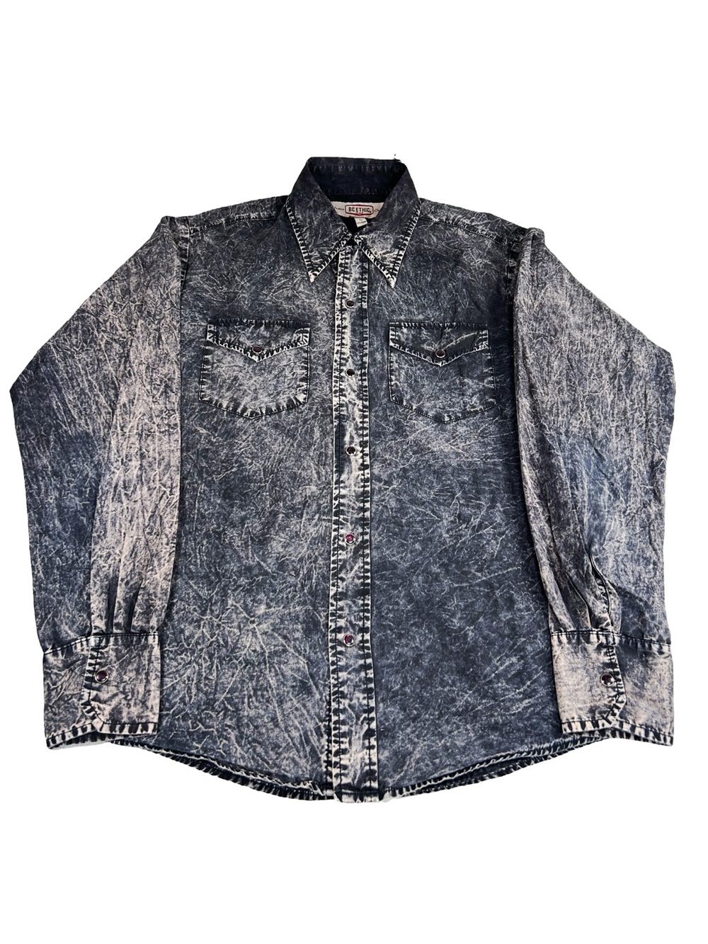 Vintage 90s Acid Wash Denim Western Shirt USA Made Snap Button Grunge Small